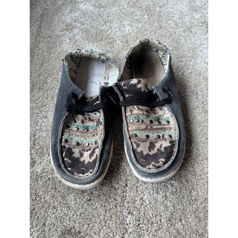 Hey Dude Wendy Boho Cow Print Studded Loafers Turquoise Accents Womens 8